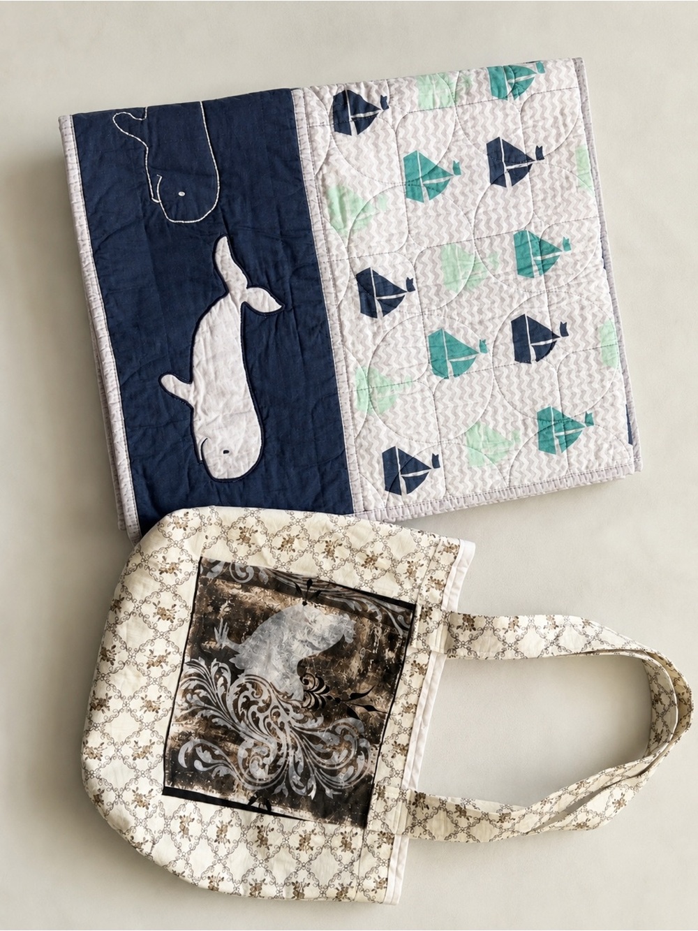 Wendy Bellissimo Baby Crib Quilt Whales Sailboats 38x45 + Matching Tote Bag